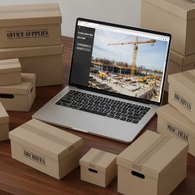 Afbeelding van een laptop tussen verhuisdozen