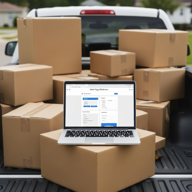 Afbeelding van een laptop op een stapel van dozen die opgestapeld zijn in een pick-up truck.