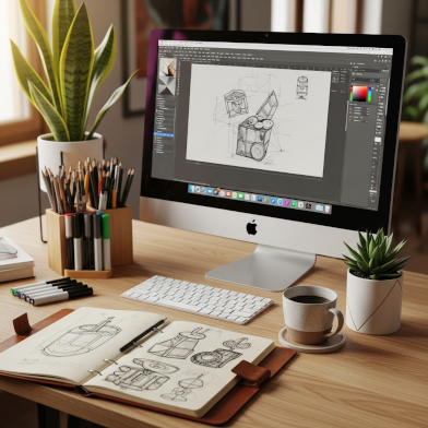 Afbeelding van een computer en een schetsboek waarop een product ontwerp te zien is.