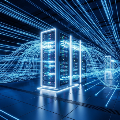 Afbeelding van serverruimte met diverse serverracks die doormiddel van glasvezel verbonden zijn.