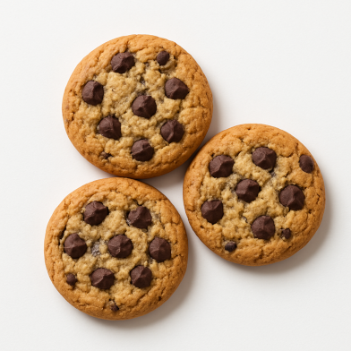 Afbeelding van drie chocolate chip cookies.