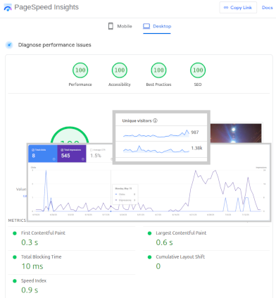 Screenshots van Pagespeed Insight resultaten voor SEO en de rapportage van de Search Console