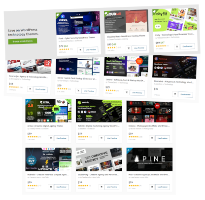 Screenshot van een aantal WordPress Theme's op een verkoopsite